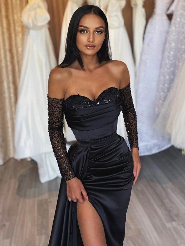 Sheath/Column  Woven Satin Ruched Off-the-Shoulder Long Sleeves Sweep/Brush Train Dresses