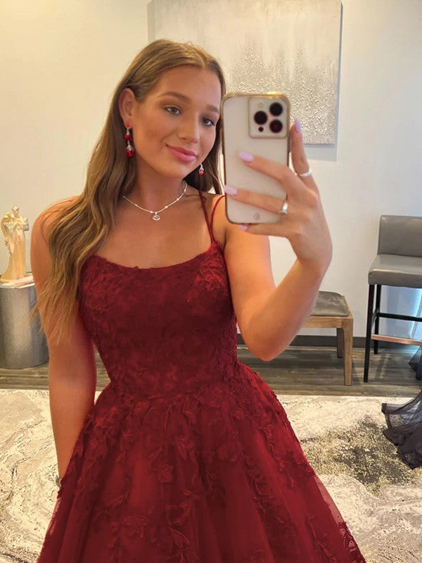 Ball Gown Tulle Applique Spaghetti Straps Sleeveless Sweep/Brush Train Dresses