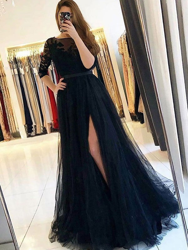 A-Line/Princess Tulle Lace Scoop 3/4 Sleeves Sweep/Brush Train Dresses