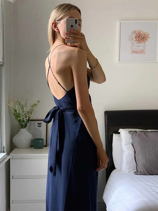 Sheath/Column NS  Woven Satin Ruched V-neck Sleeveless Ankle-Length Bridesmaid Dresses