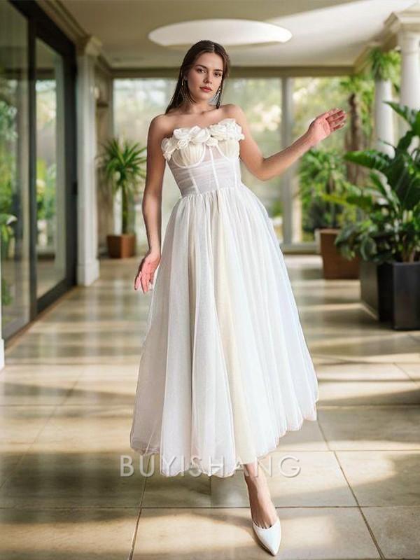 Elegant A-Line/Princess Tulle Hand-Made Flower Strapless Sleeveless Ankle-Length Corset Dresses Prom Dress