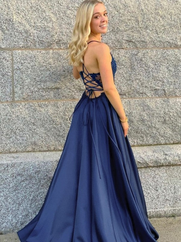 A-Line/Princess  Woven Satin Applique V-neck Sleeveless Sweep/Brush Train Dresses