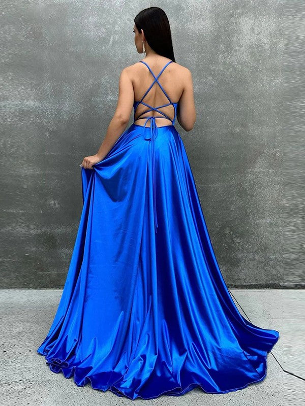 A-Line/Princess  Woven Satin Ruched Spaghetti Straps Sleeveless Sweep/Brush Train Dresses