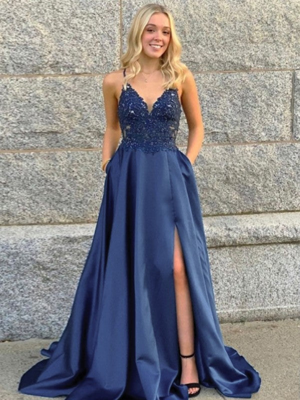 A-Line/Princess  Woven Satin Applique V-neck Sleeveless Sweep/Brush Train Dresses