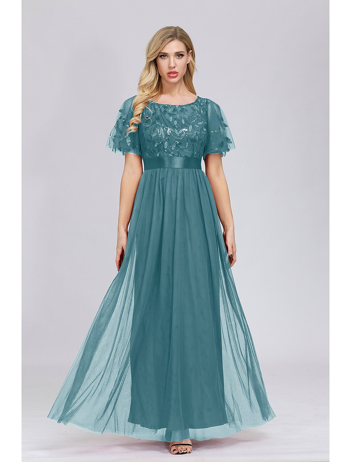 A-Line Empire Elegant Party Wear Prom Dress Jewel Neck Short Sleeve Floor Length Tulle with Embroidery / Illusion Sleeve