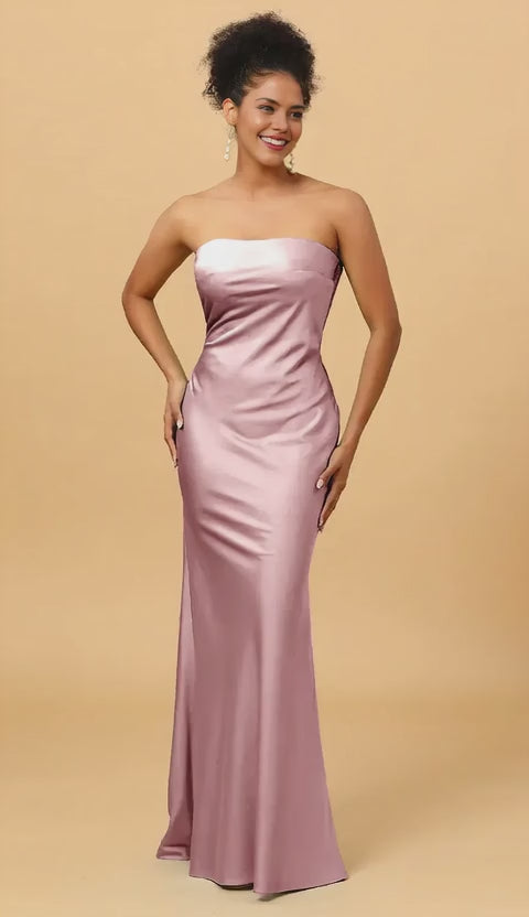 Elegant Strapless Draped Back Satin Mermaid Floor-Length Maxi Dress Prom Dress