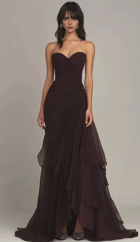 Elegant Strapless Ruched Tiered Chiffon Mermaid Maxi Dress Sweep/Brush Train Prom Dress