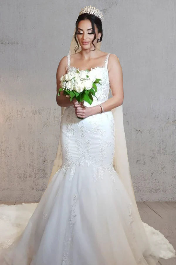 Buyishang Mermaid Long Mermaid Lace Wedding Dresses Tulle Straps with Appliques