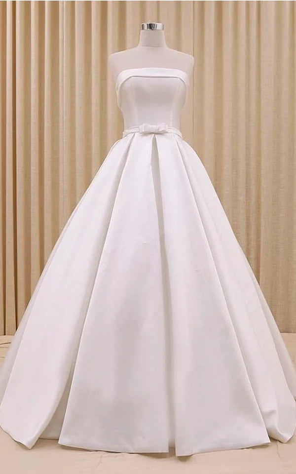 Buyishang A-Line Corset Strapless Floor Length Wedding Dress with Delicate Bow Belt