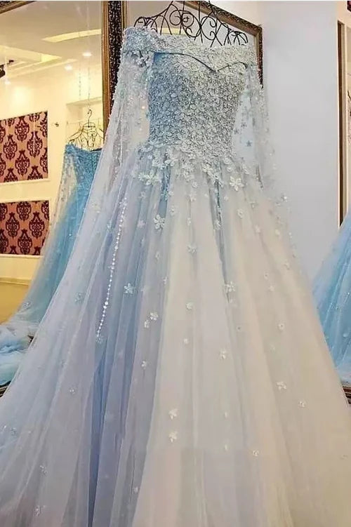 Buyishang Princess Sparkly Blue A-Line Off-the-Shoulder Lace Wedding Dress Modest Unique Fairy Tied Back Bridal Gown with 3D Floral Appliques