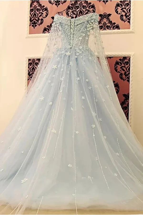 Buyishang Princess Sparkly Blue A-Line Off-the-Shoulder Lace Wedding Dress Modest Unique Fairy Tied Back Bridal Gown with 3D Floral Appliques