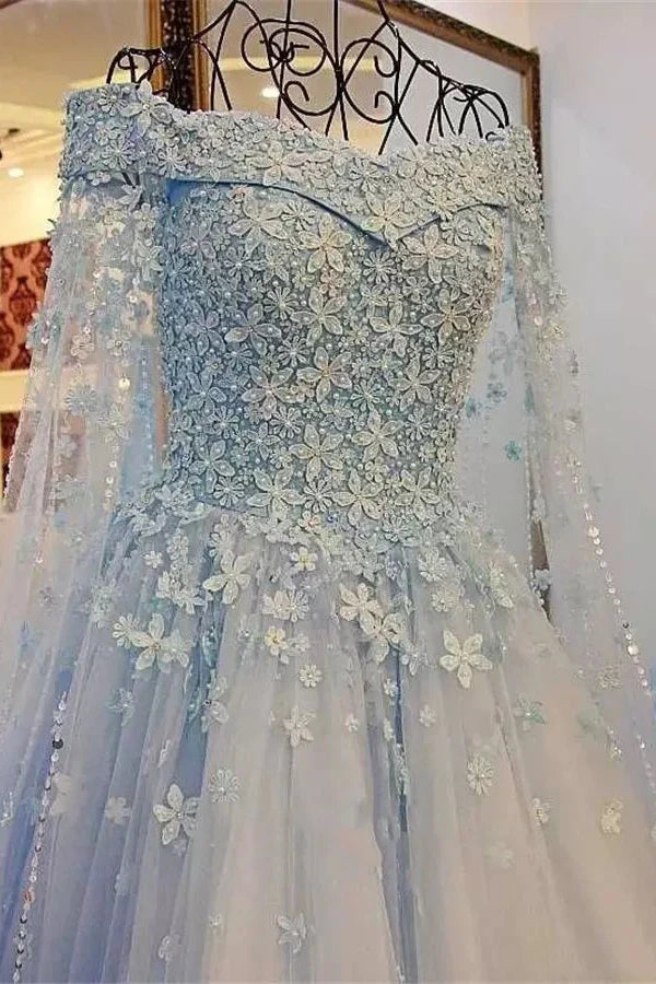 Buyishang Princess Sparkly Blue A-Line Off-the-Shoulder Lace Wedding Dress Modest Unique Fairy Tied Back Bridal Gown with 3D Floral Appliques
