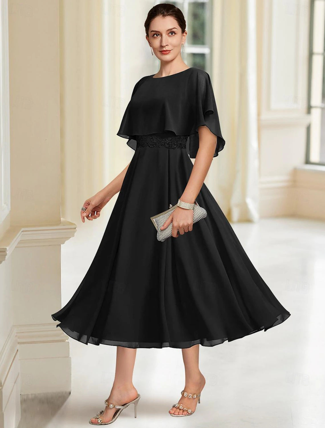 Buyishang A-Line Mother of the Bride Dress Elegant Jewel Neck Tea Length Chiffon Half Sleeve with Lace free custom size