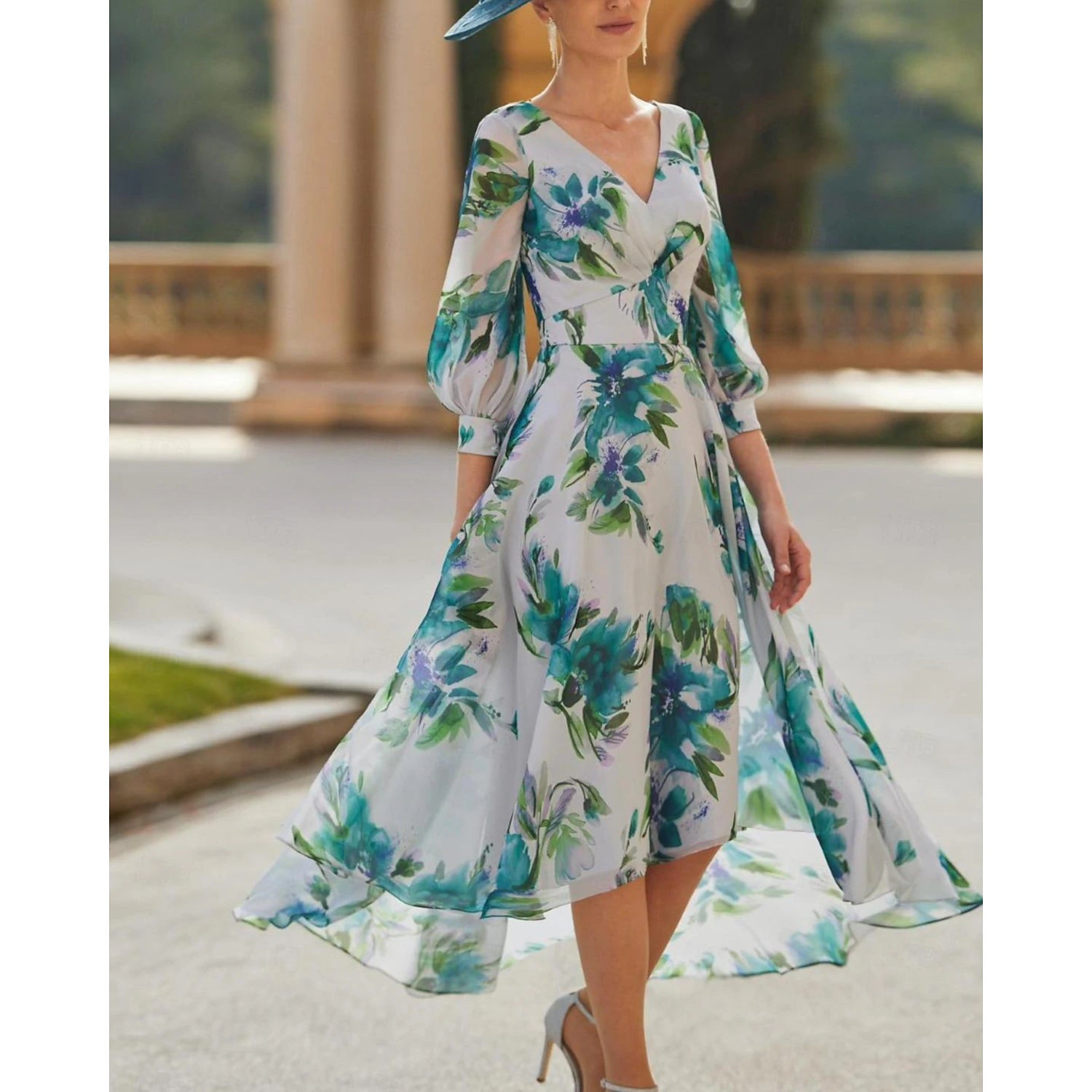 Buyishang A-Line Mother of the Bride Dress Formal Wedding Guest Elegant V Neck Tea Length Chiffon Polyester 3/4 Length Sleeve with Flower free custom size