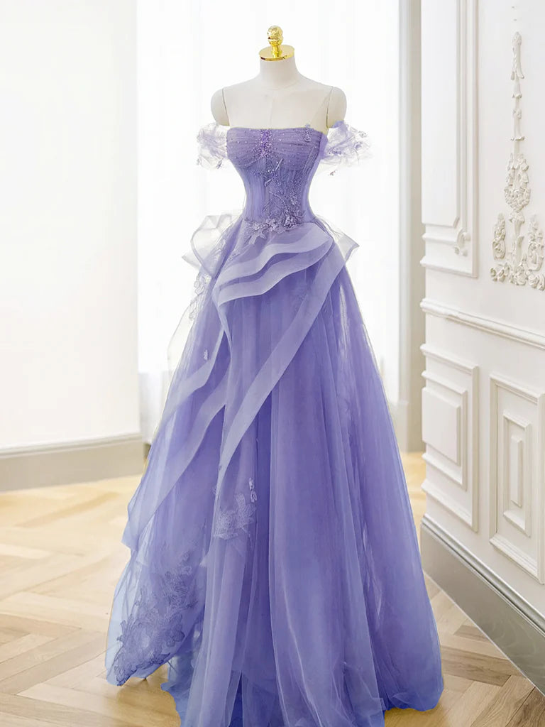 Buyishang A-Line Off Shoulder Tulle Lace Purple Long Prom Dress Purple Lace Long Formal Dress