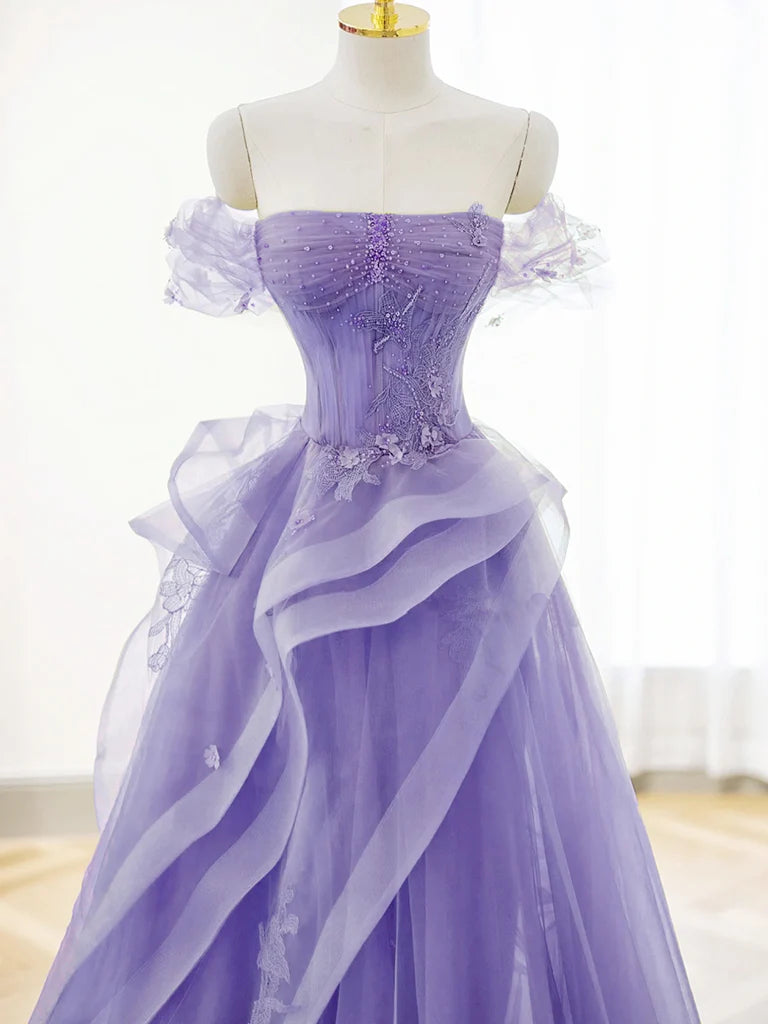 Buyishang A-Line Off Shoulder Tulle Lace Purple Long Prom Dress Purple Lace Long Formal Dress