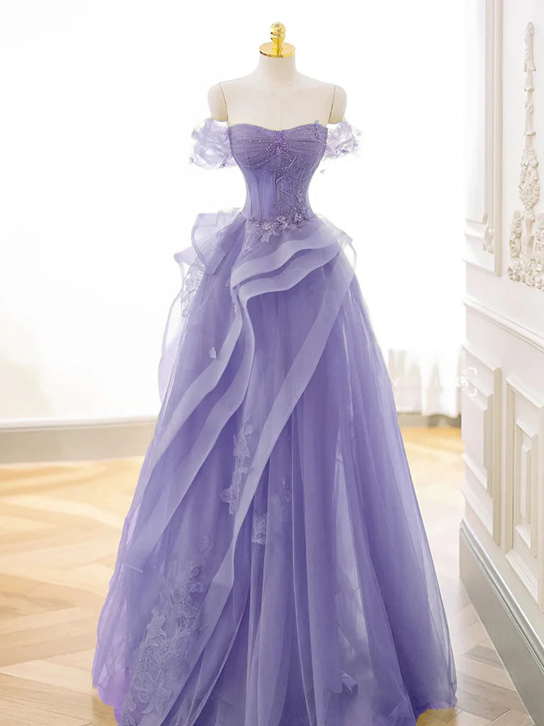 Buyishang A-Line Off Shoulder Tulle Lace Purple Long Prom Dress Purple Lace Long Formal Dress