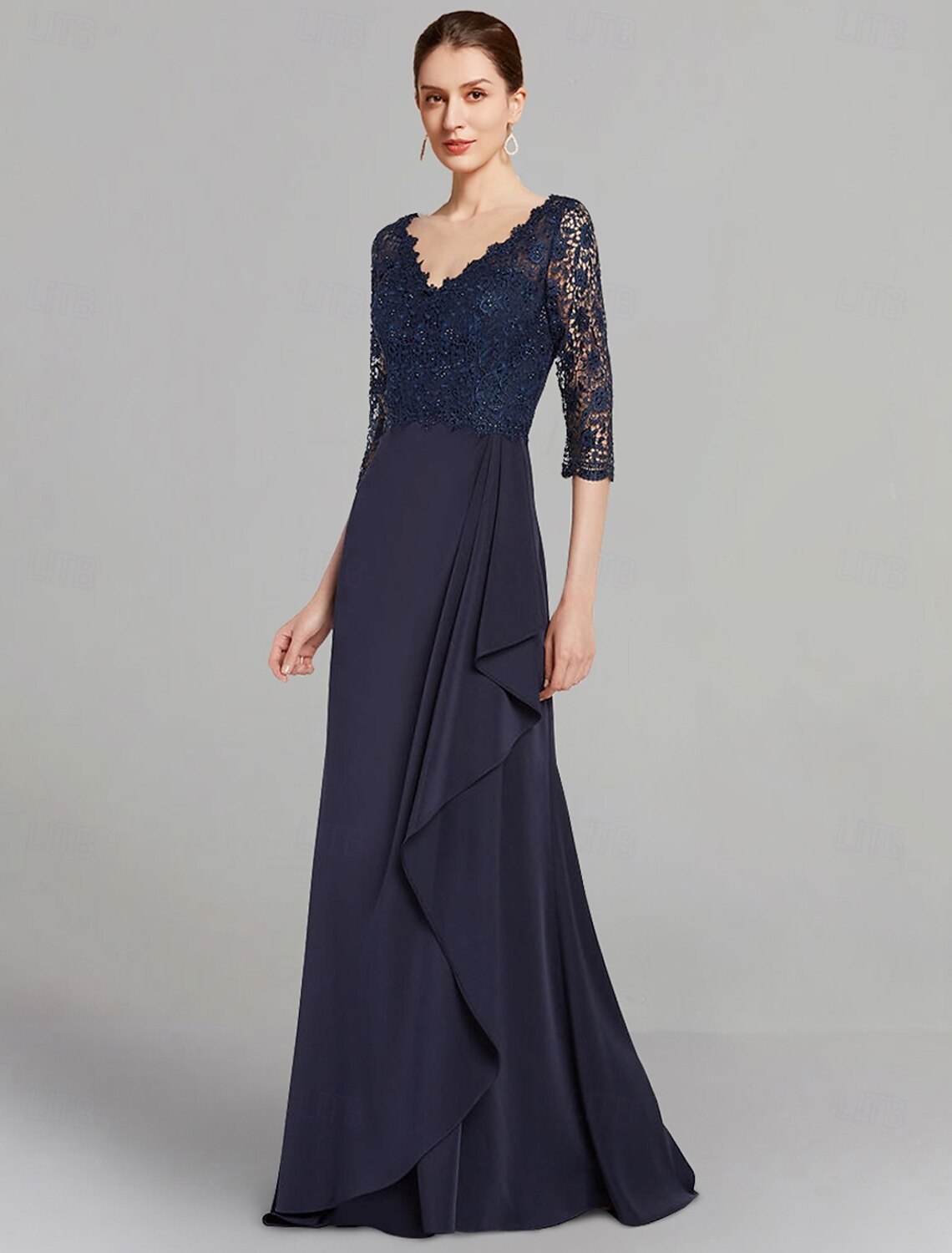 Buyishang A-Line Mother of the Bride Dress Elegant V Neck Floor Length Stretch Chiffon 3/4 Length Sleeve with Lace Pleats free custom size