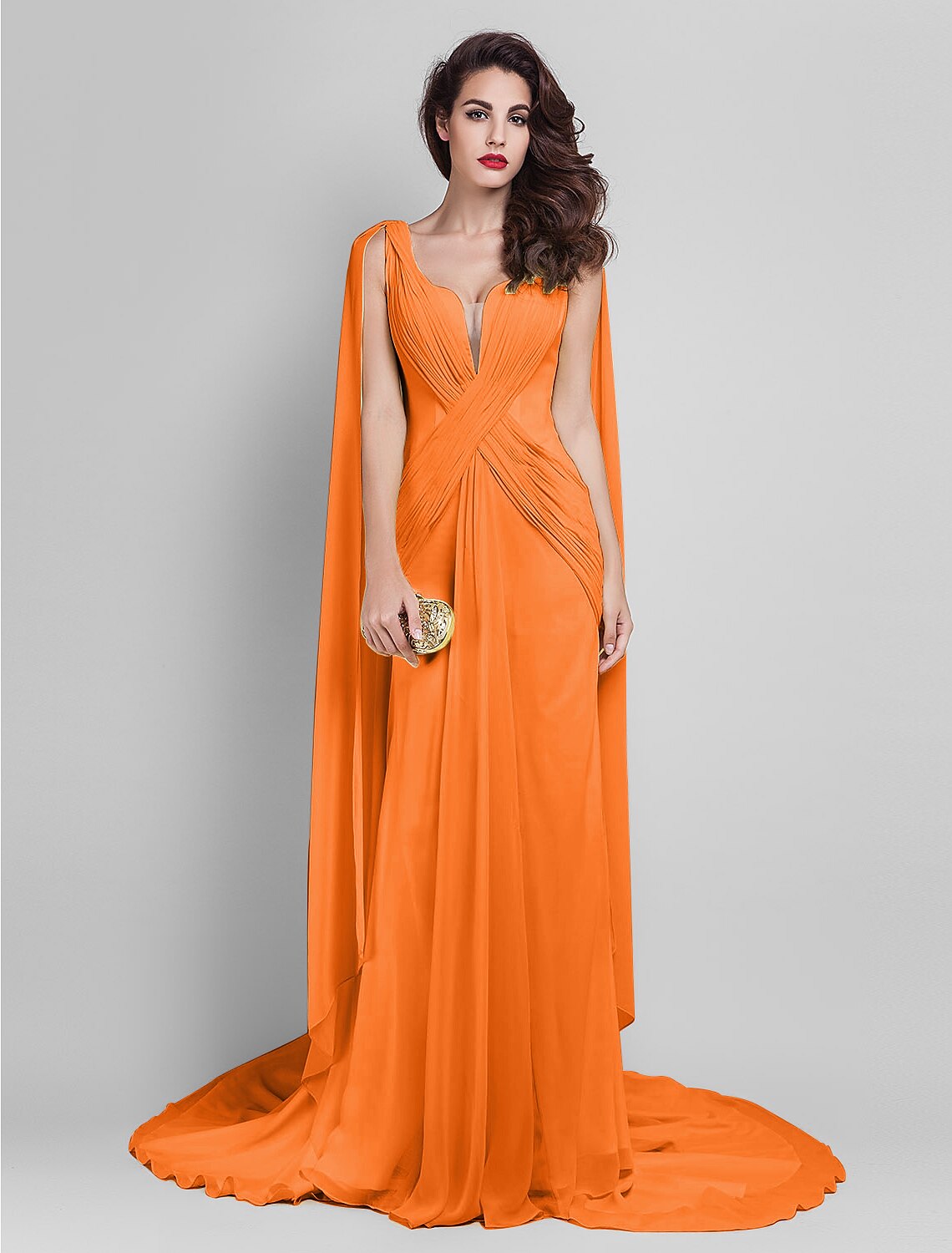 Sheath / Column Elegant Dress Wedding Guest Prom Court Train Sleeveless Plunging Neck Georgette V Back with Criss Cross Side Draping