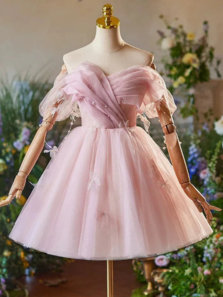 Buyishang A-Line Off Shoulder Tulle Pink Short Prom Dress Pink Homecoming Dress