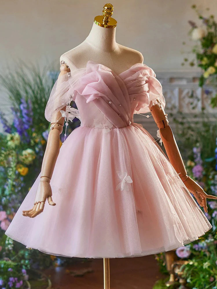 Buyishang A-Line Off Shoulder Tulle Pink Short Prom Dress Pink Homecoming Dress