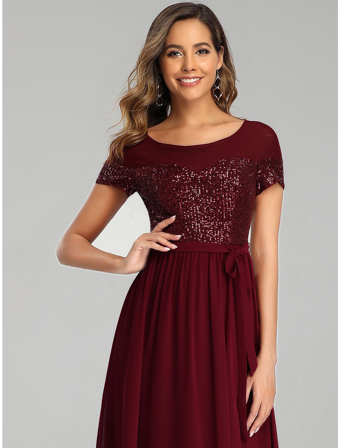 A-Line Bridesmaid Dress Jewel Neck Short Sleeve Elegant Floor Length Chiffon with Sash / Ribbon / Sequin / Sparkle & Shine