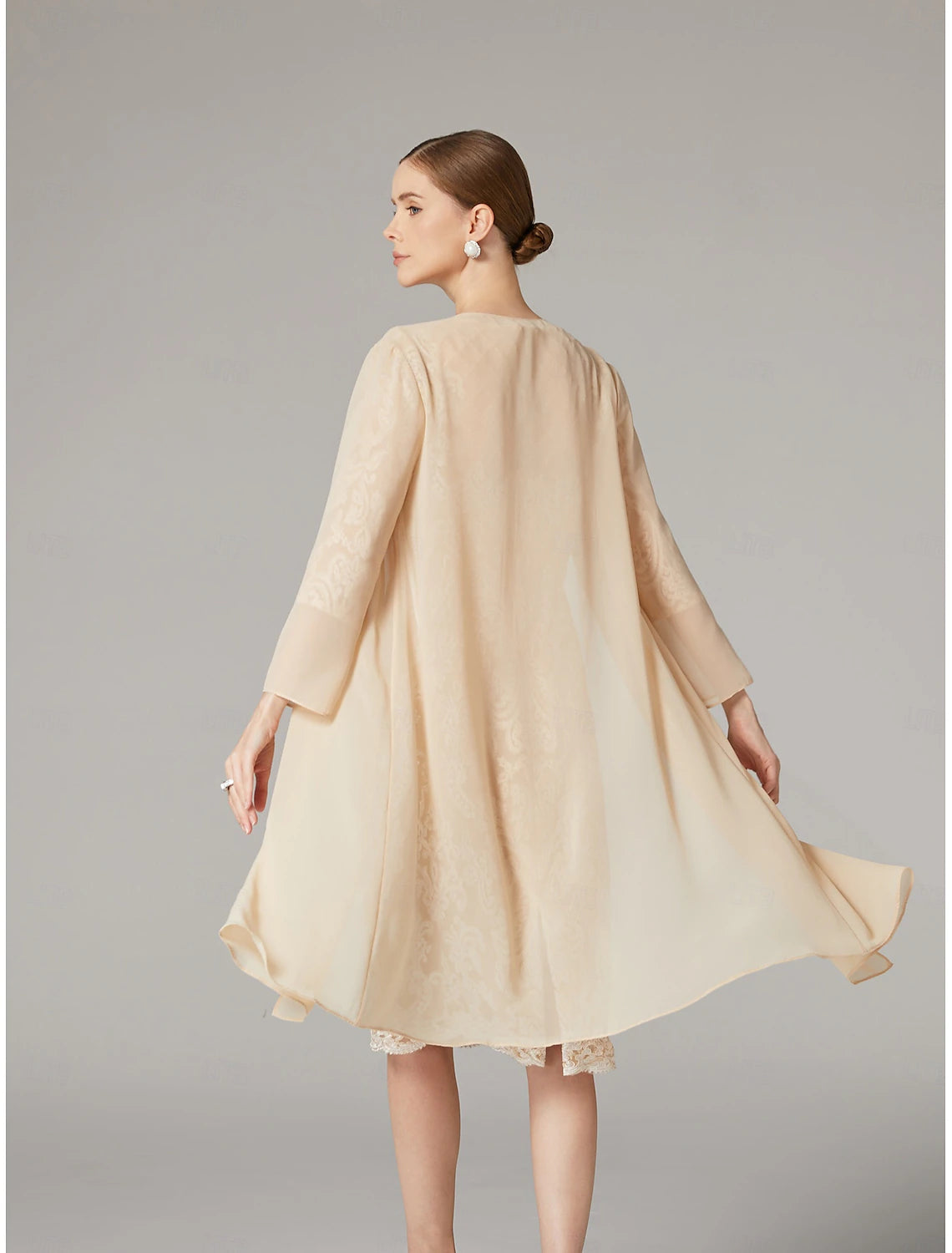 Buyishang Two Piece Sheath Dress Suit Mother of the Bride Dress Elegant Jewel Neck Knee Length Chiffon Lace 3/4 Length Sleeve Wrap Included Jacket Dresses with Beading Appliques