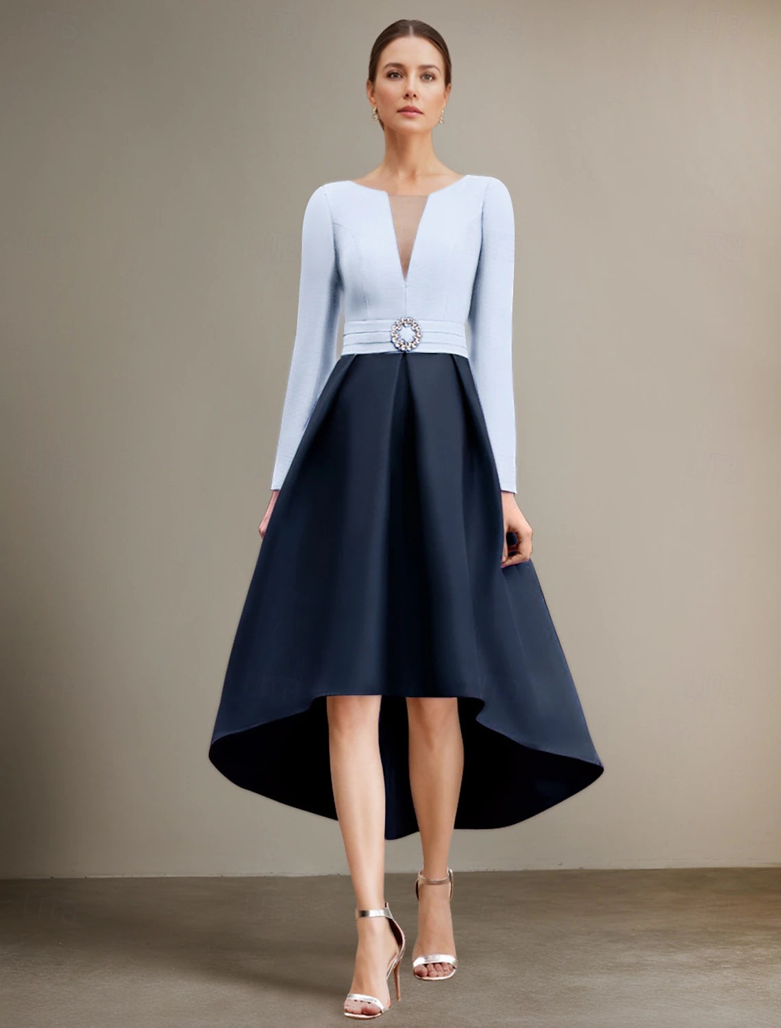 Buyishang A-Line Dress Mother of the Bride Dress Elegant V Neck Asymmetrical Tea Length Satin Long Sleeve with Pleats Color Block free custom size
