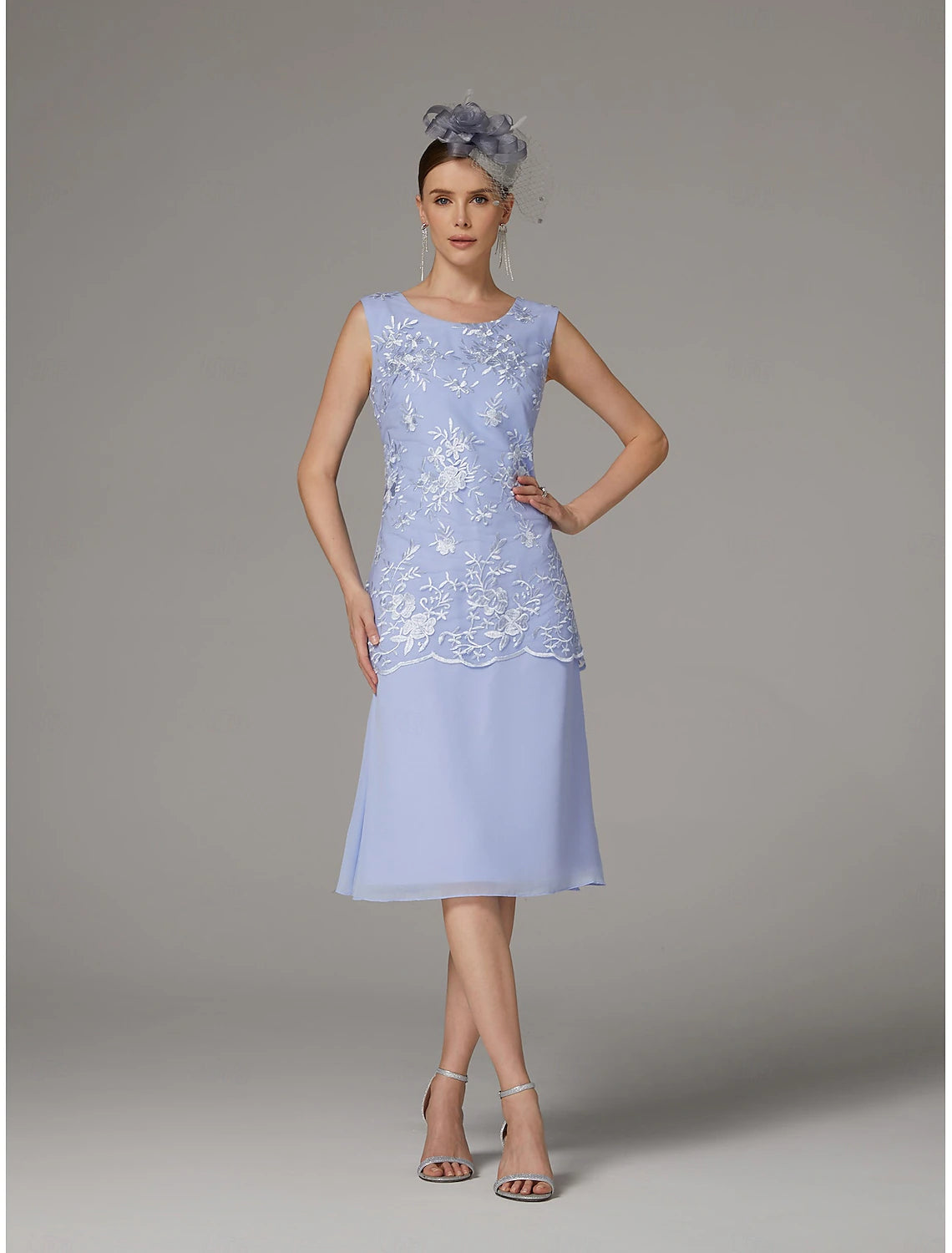 Buyishang Two Piece Sheath Pantsuit Mother of the Bride Dress Elegant Jewel Neck Tea Length Chiffon Lace Sleeveless Jacket Dresses with Appliques