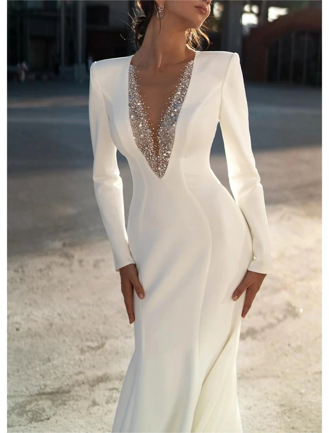 Buyishang Formal Wedding Dresses Mermaid V Neck Long Sleeve Sweep / Brush Train Chiffon Bridal Gowns With Beading Solid Color