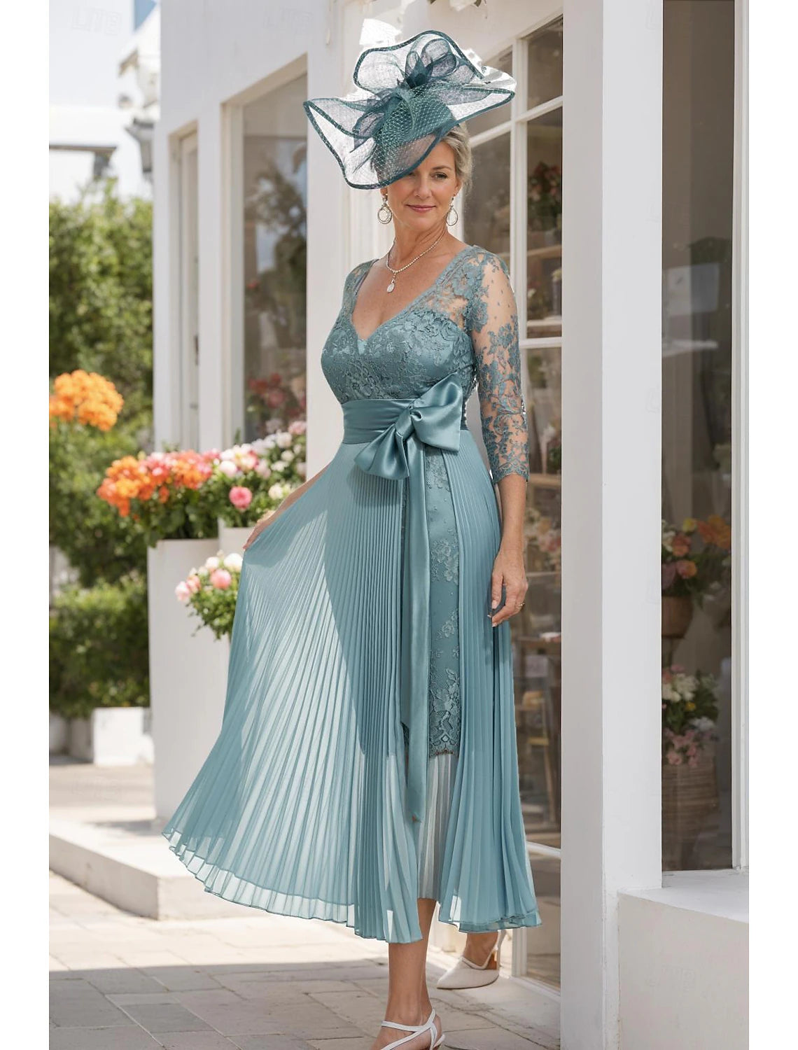 Buyishang Two Piece Sheath / Column Mother of the Bride Dress Formal Wedding Guest Elegant detachable V Neck Knee Length Chiffon Lace 3/4 Length Sleeve with Bow(s) free custom size