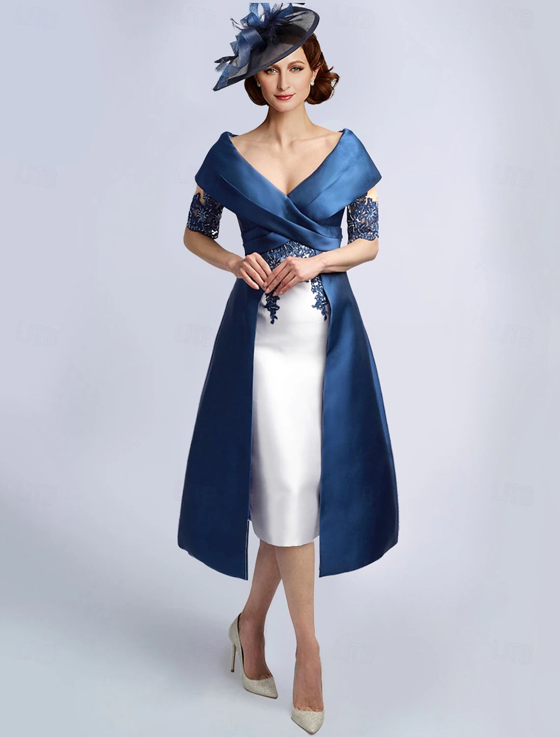 Buyishang A-Line Dress Mother of the Bride Dress Elegant Vintage V Neck Tea Length Satin Half Sleeve with Lace Criss Cross free custom size