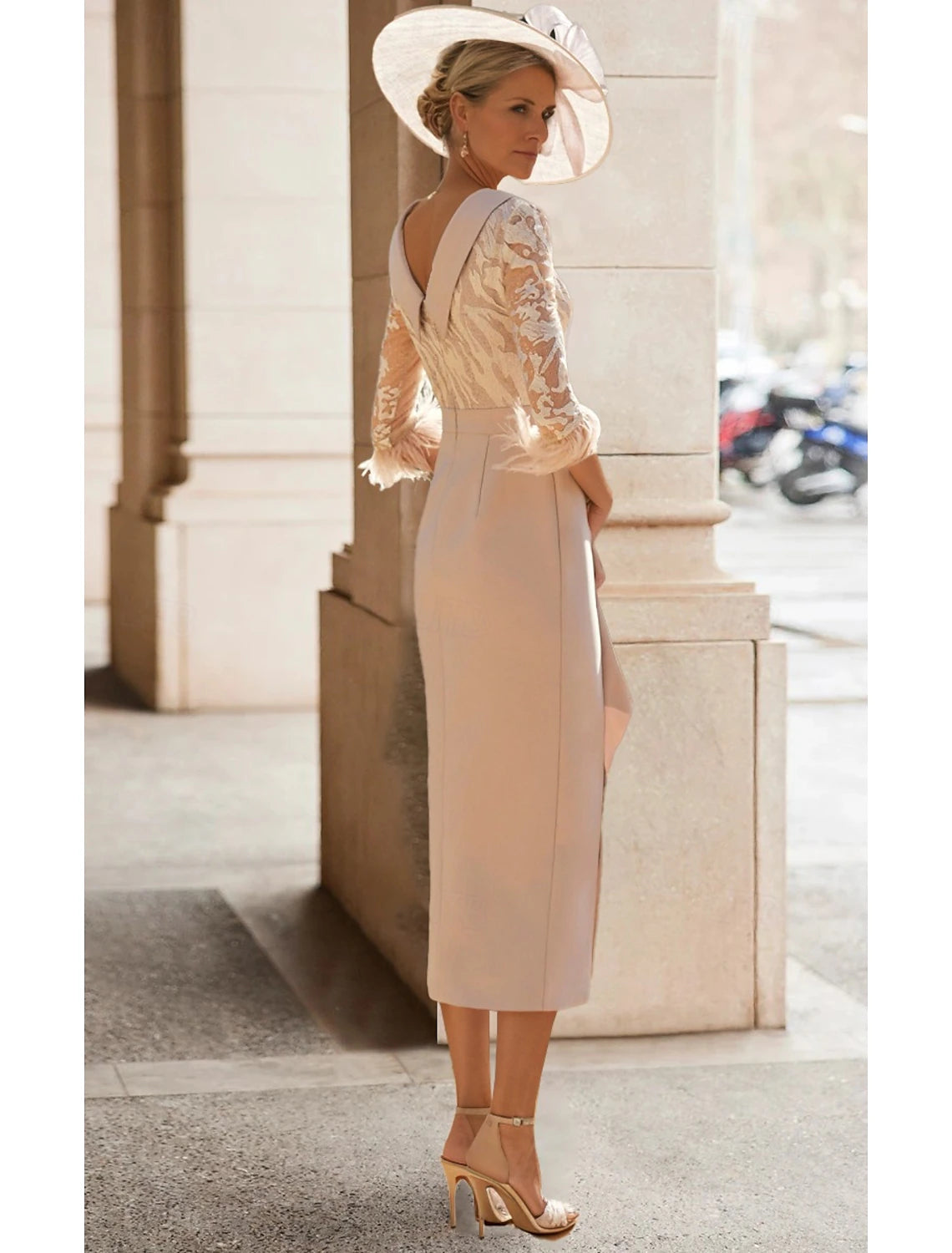 Buyishang Sheath / Column Mother of the Bride Dress Elegant Simple High Neck Tea Length Stretch Fabric 3/4 Length Sleeve with Feather Lace Pleats free custom size