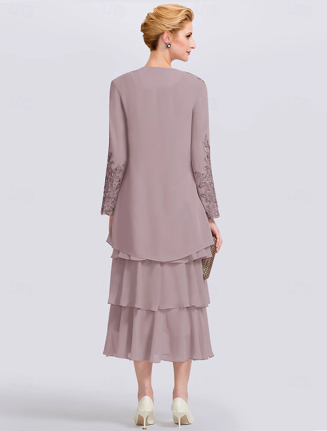 Buyishang Two Piece A-Line Mother of the Bride Dress Elegant Simple Jewel Neck Tea Length Lace Stretch Chiffon Long Sleeve Wrap Included Jacket Dresses with Appliques Solid Color free custom size