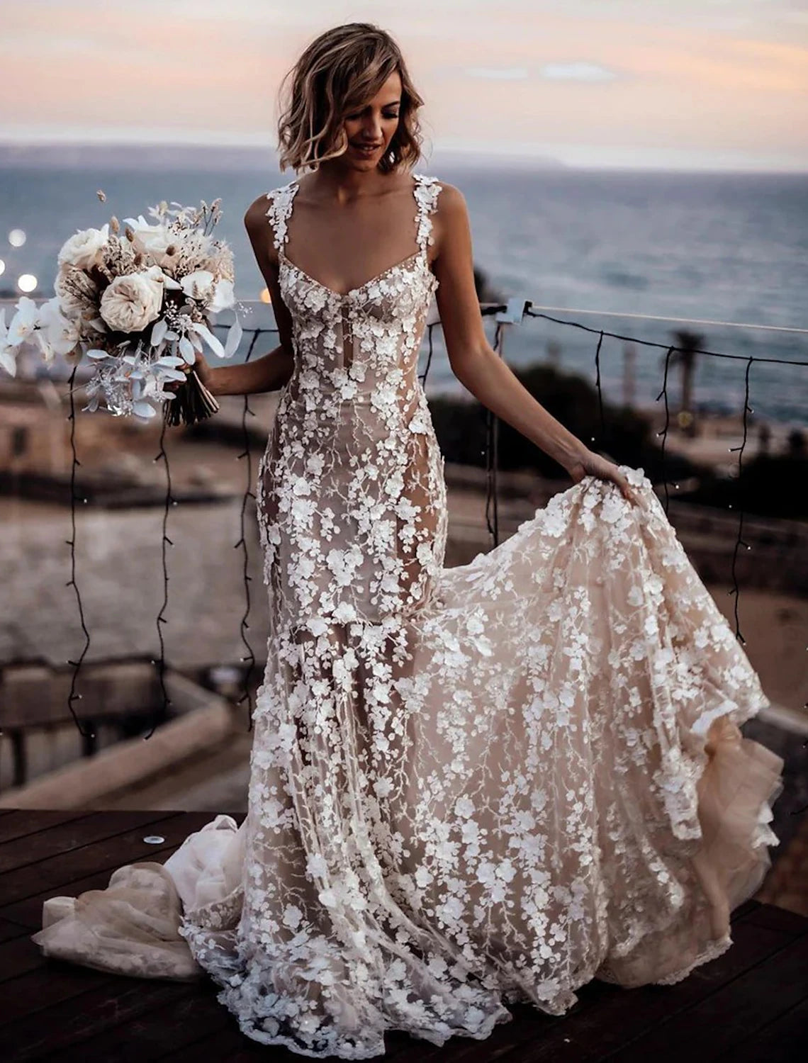 Beach Sexy Boho Wedding Dresses Mermaid / Trumpet Sweetheart Regular Straps Court Train Lace Bridal Gowns With Appliques Summer Fall Wedding Party Women's Clothing