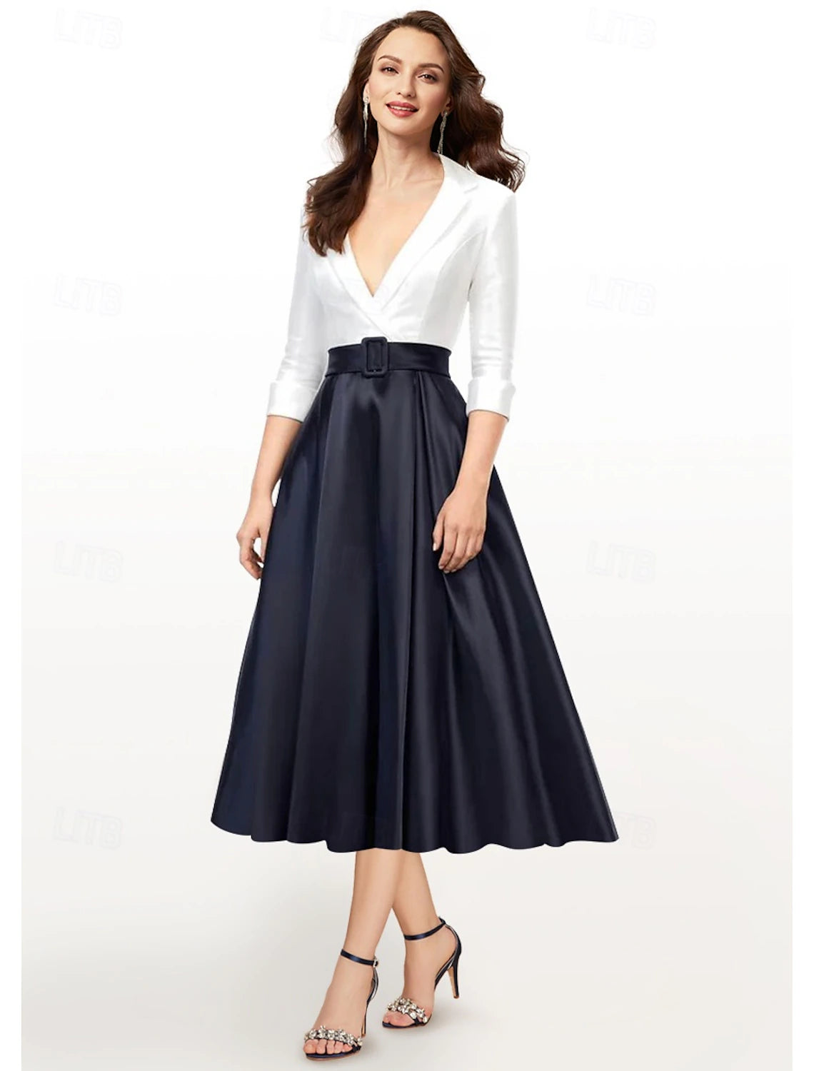 Buyishang A-Line Dress Mother of the Bride Dress Elegant V Neck Tea Length Satin 3/4 Length Sleeve with Pleats Color Block free custom size