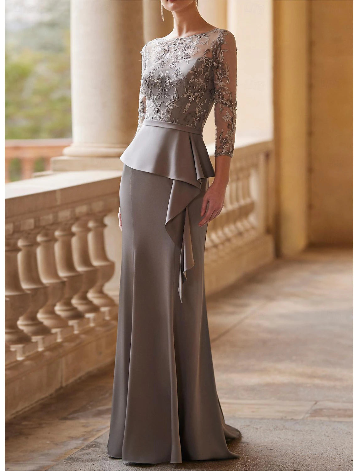 Buyishang Mermaid Mother of the Bride Dress Elegant Vintage Party Illusion Neck Jewel Neck Floor Length Lace Stretch Fabric 3/4 Length Sleeve Half Sleeve with Sash / Ribbon Ruched Beading