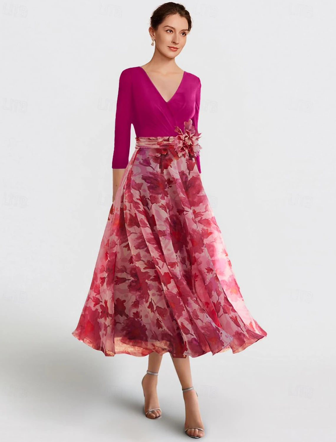 Buyishang A-Line Mother of the Bride Dress Formal Wedding Guest Elegant Scoop Neck V Neck Ankle Length Chiffon Sequined Stretch Fabric 3/4 Length Sleeve with Flower free custom size