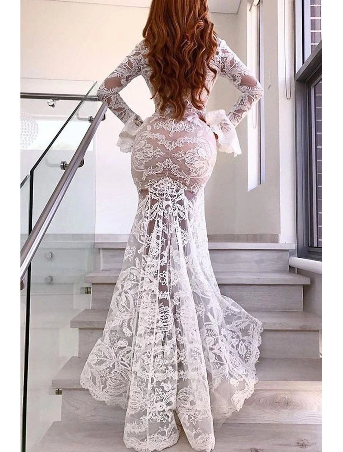 Buyishang Beach Boho Simple Wedding Dress Mermaid V Neck Long Sleeve Sweep / Brush Train Lace Bridal Gowns With Appliques Split Front