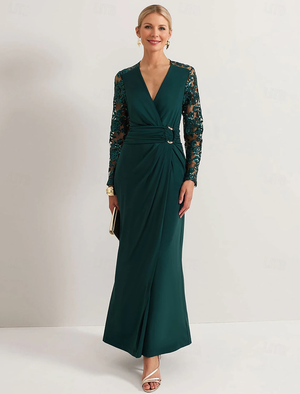 Buyishang Sheath / Column Dress Mother of the Bride Dress Elegant V Neck Ankle Length Stretch Fabric Long Sleeve with Lace Pleats Solid Color free custom size