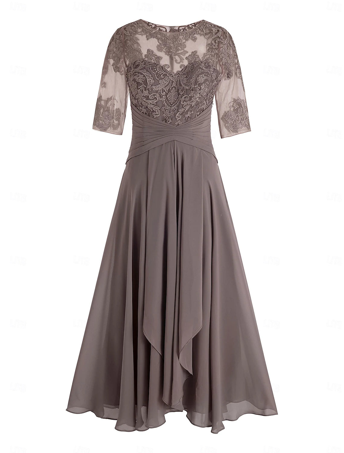 Buyishang A-Line Mother of the Bride Dress Wedding Guest Elegant Plus Size High Low V Neck Asymmetrical Ankle Length Chiffon Lace Half Sleeve with Beading Appliques free custom size