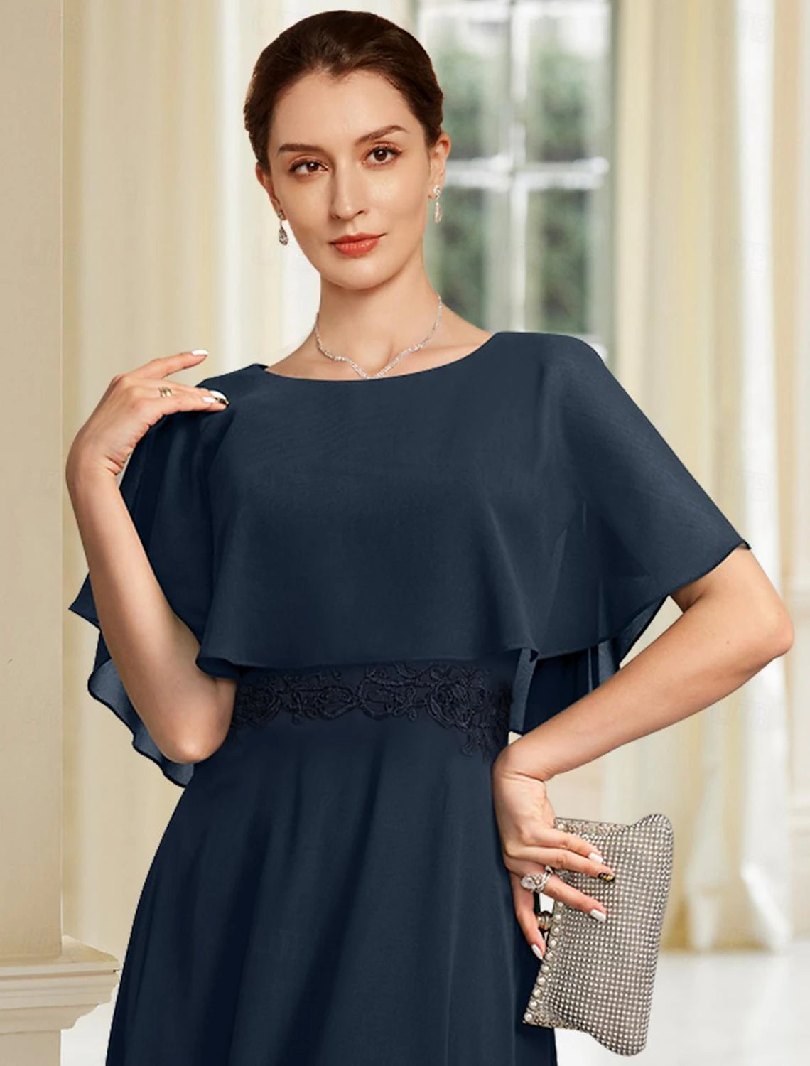 Buyishang A-Line Mother of the Bride Dress Elegant Jewel Neck Tea Length Chiffon Half Sleeve with Lace free custom size