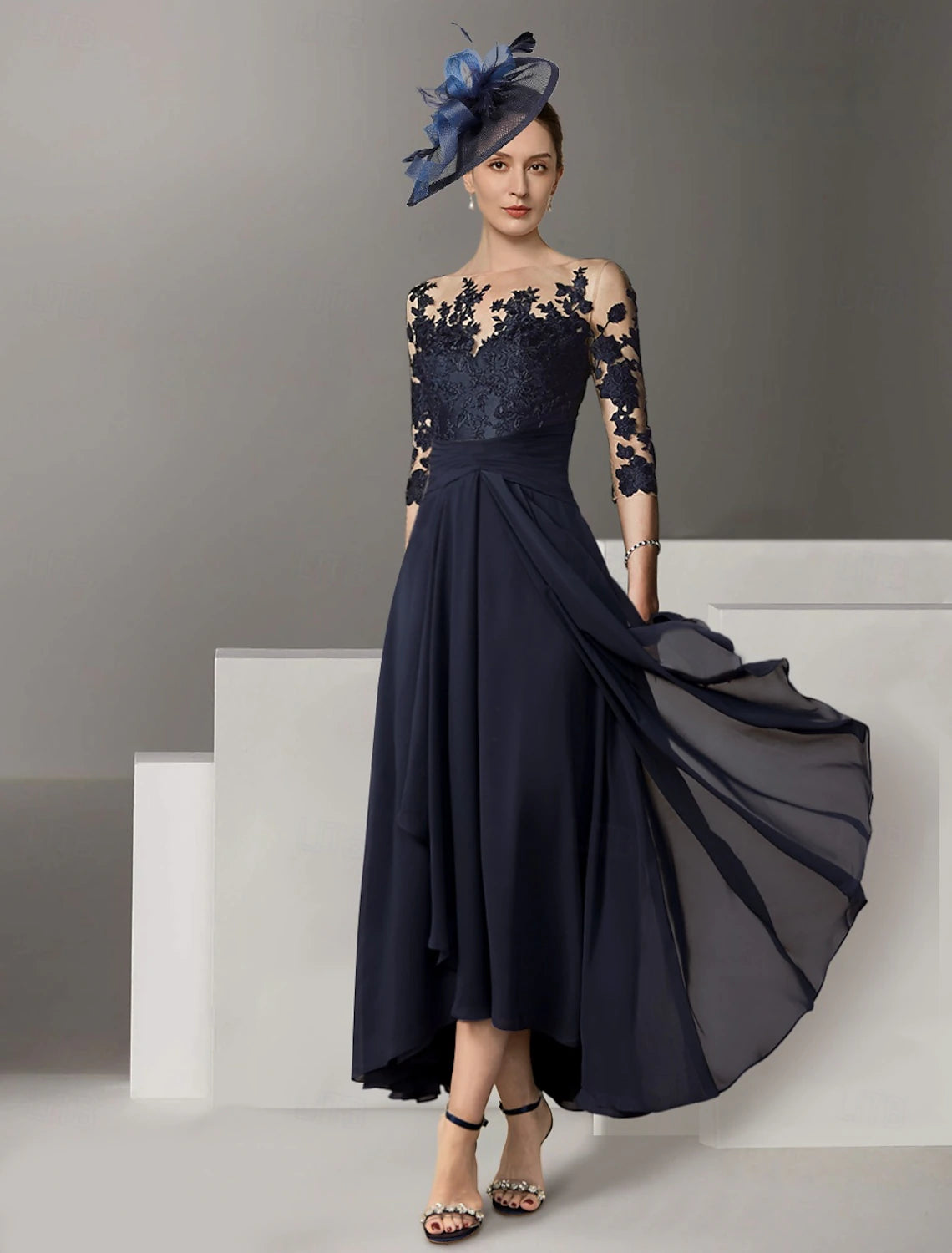 Buyishang A-Line Cocktail Dresses Elegant Dress Wedding Guest Asymmetrical 3/4 Length Sleeve Jewel Neck Stretch Satin with Appliques free custom size