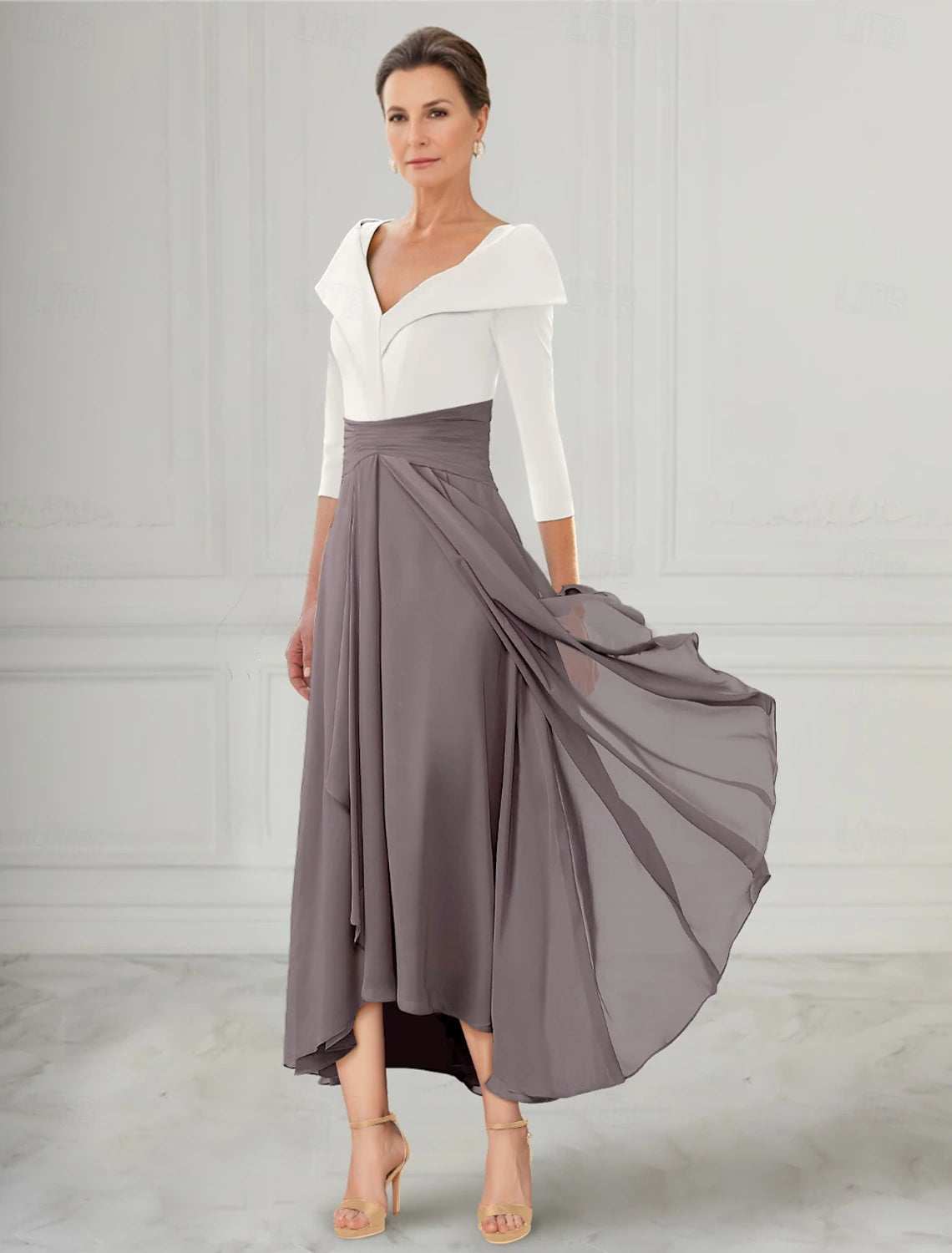 Buyishang A-Line Mother of the Bride Dress Elegant V Neck Asymmetrical Ankle Length Chiffon 3/4 Length Sleeve with Pleats