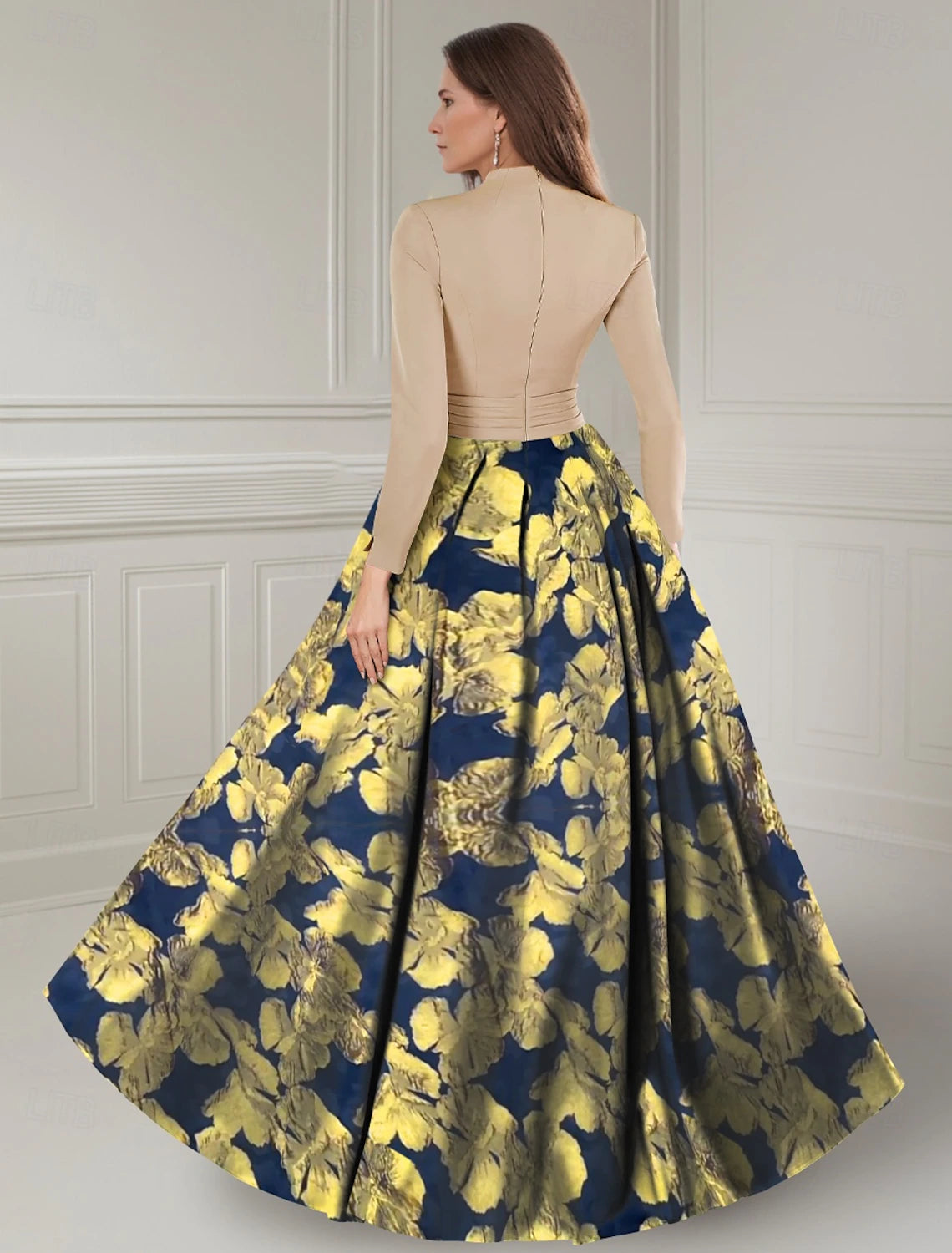 Buyishang Gold Floral A-Line Brocade Vintage Mother of the Bride Dress Elegant V Neck Floor Length Stretch Fabric Long Sleeve with Ruched Flower