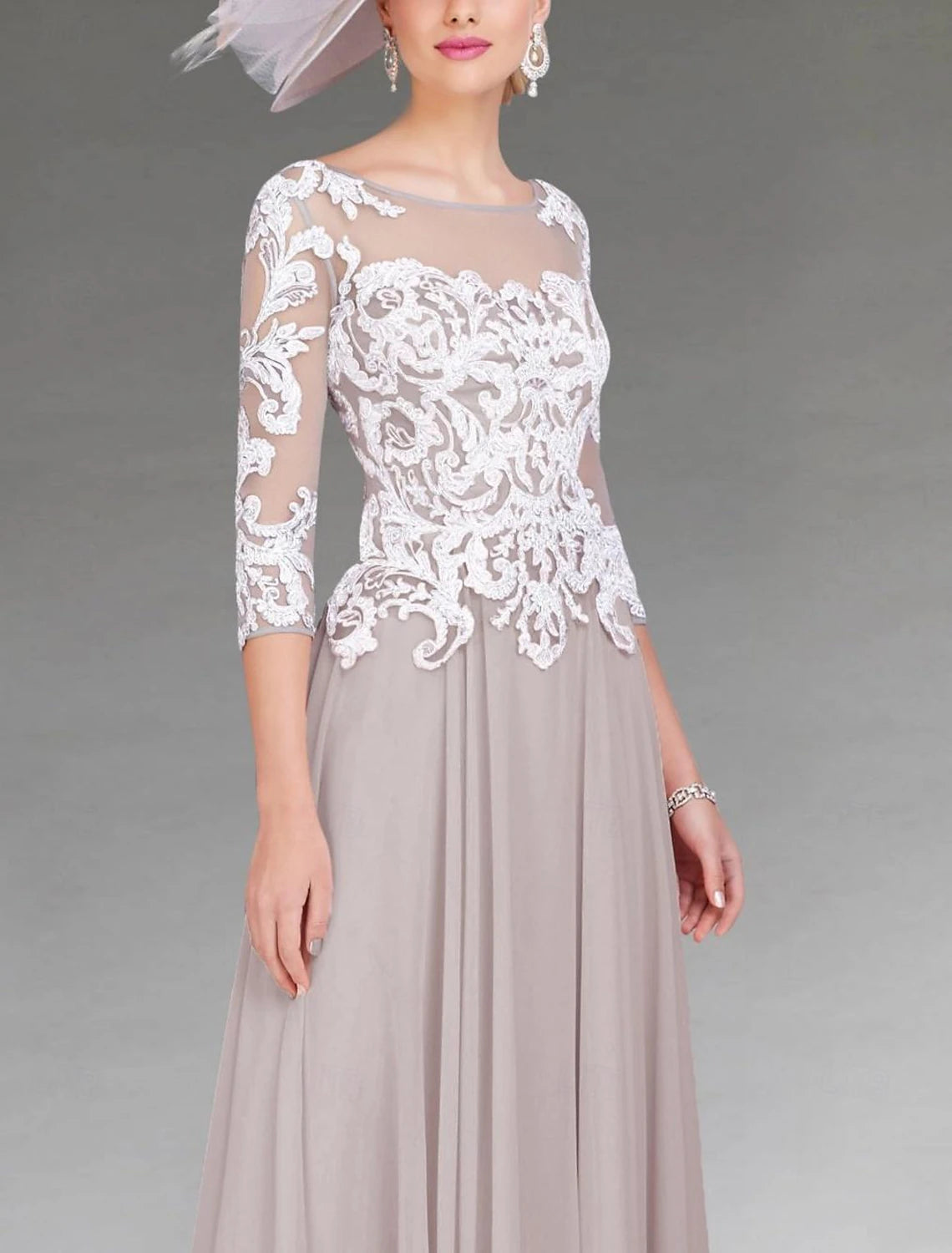 Buyishang A-Line Mother of the Bride Dress Elegant Jewel Neck Asymmetrical Ankle Length Chiffon Lace 3/4 Length Sleeve with Appliques free custom size