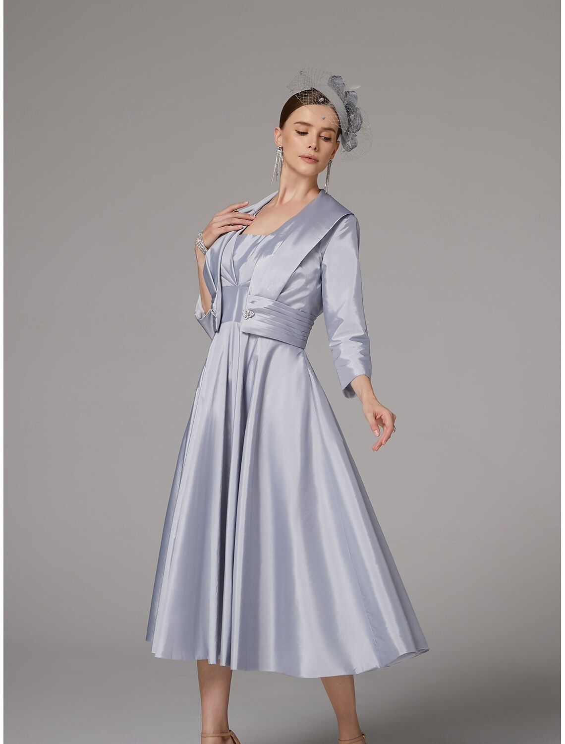 Buyishang A-Line Dress Suit Mother of the Bride Dress Elegant Vintage Plus Size Square Neck Tea Length Polyester 3/4 Length Sleeve Jacket Dresses with Ruching