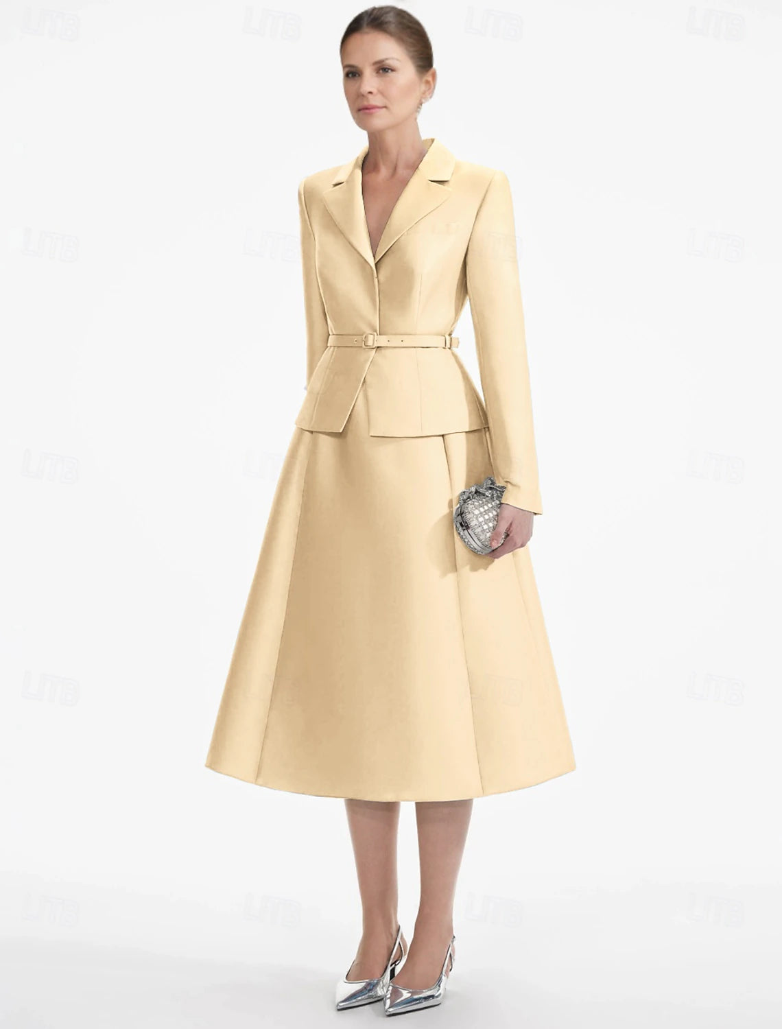 Buyishang A-Line Dress Mother of the Bride Dress Elegant V Neck Tea Length Satin Long Sleeve with Solid Color