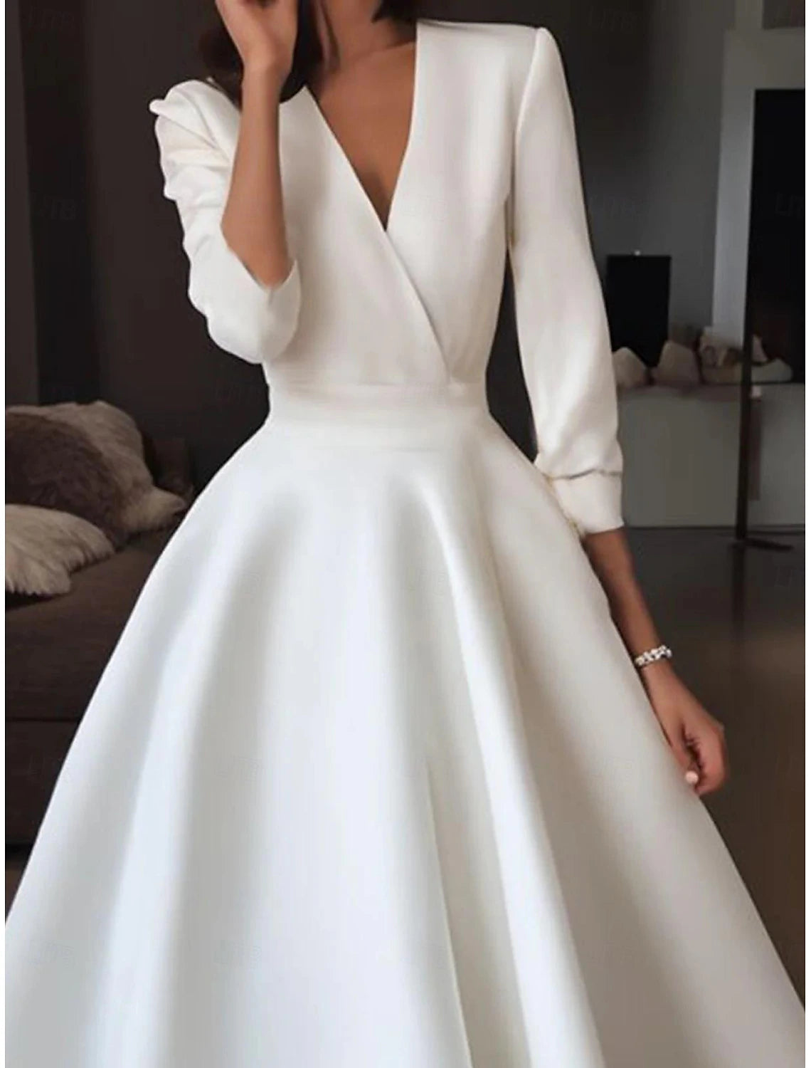 Buyishang Wedding Dresses A-Line V Neck Half Sleeve Tea Length Satin Bridal Gowns With Draping