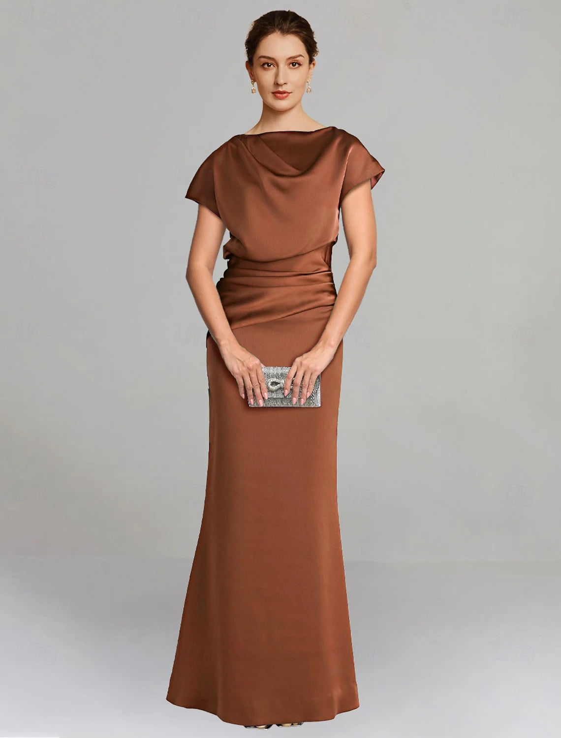 Buyishang Sheath / Column Dress Mother of the Bride Dress Formal Elegant Off Shoulder Floor Length Satin Short Sleeve with Ruched Solid Color free custom size